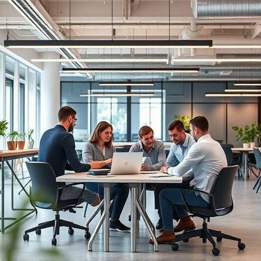 Un gruppo di persone che collaborano in un ambiente di lavoro moderno, discutendo strategie e soluzioni innovative