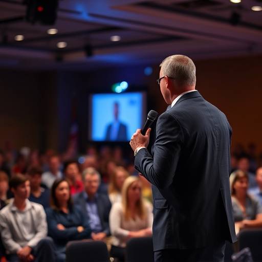 Un oratore tiene un discorso durante un seminario di leadership, coinvolgendo il pubblico con tecniche di comunicazione efficace