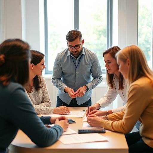 Un team di professionisti partecipa a una sessione di team building interattiva, collaborando e comunicando efficacemente