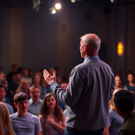 Una persona che esprime fiducia e sicurezza durante una presentazione pubblica, catturando l'attenzione del pubblico